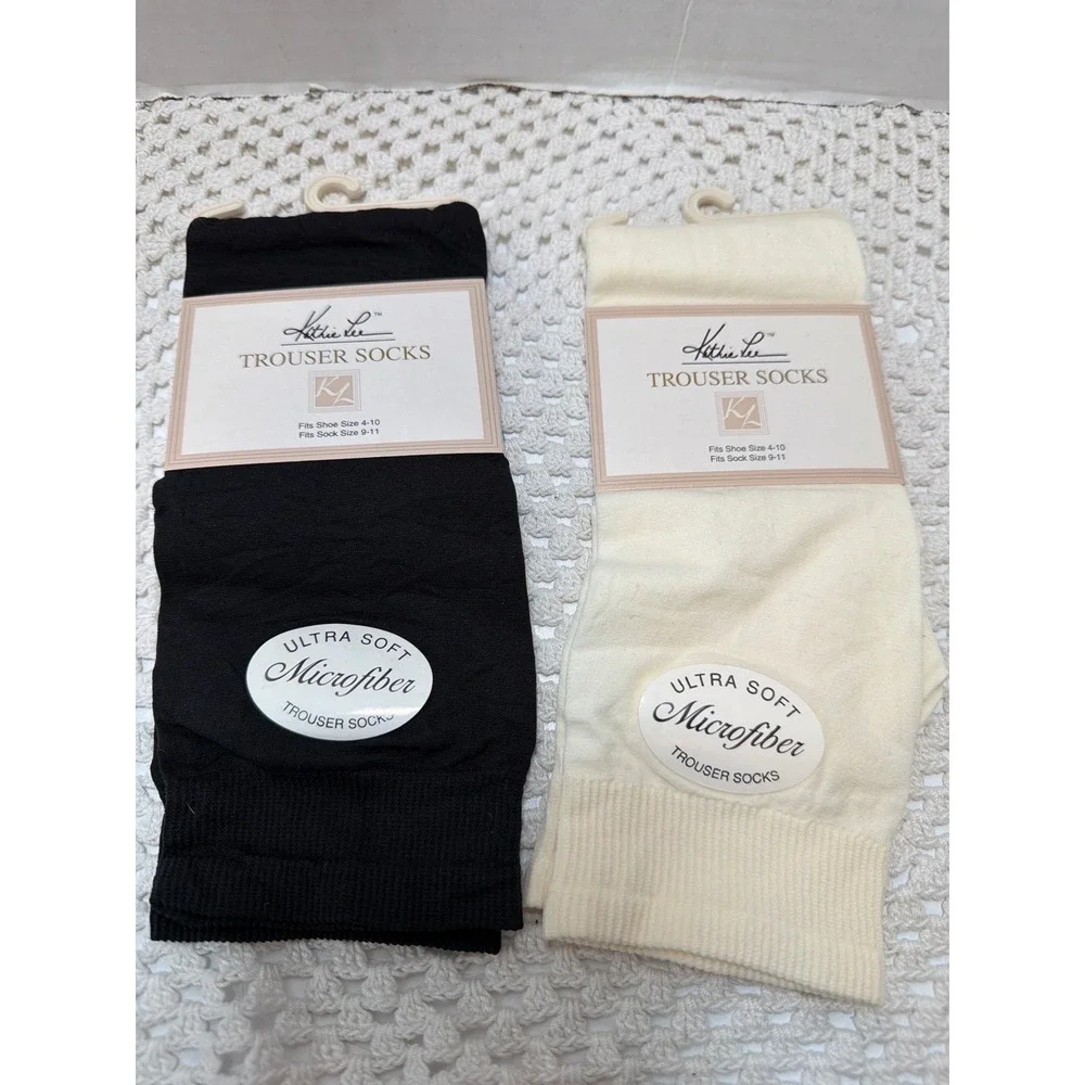 VTG NOS Kathie Lee Womens Trouser Socks Microfiber Black Cream 2 Pair Sz 9-11‎